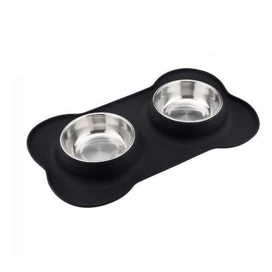 KFX-2906045 Silicone Bone-Shaped Mat with Stainless Steel Pet Bowl for Dogs and Cats