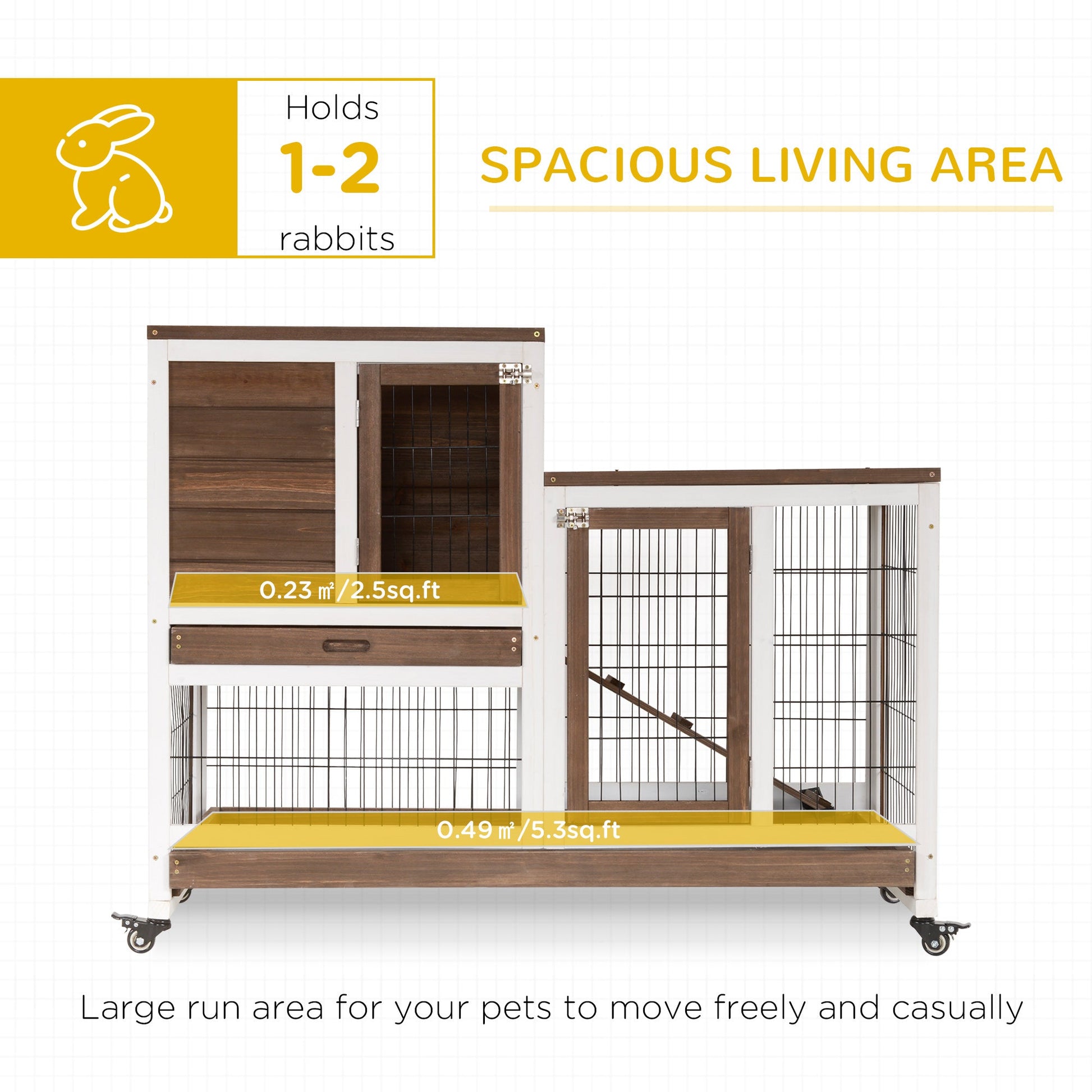 KFX-2909501 Elevated Wooden Rabbit Hutch with Enclosed Run, Wheels, and Removable Tray for Small Animals - Brown