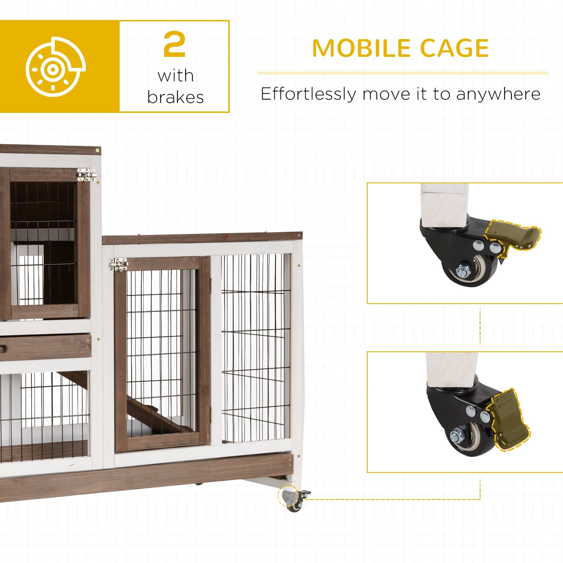 KFX-2909501 Elevated Wooden Rabbit Hutch with Enclosed Run, Wheels, and Removable Tray for Small Animals - Brown