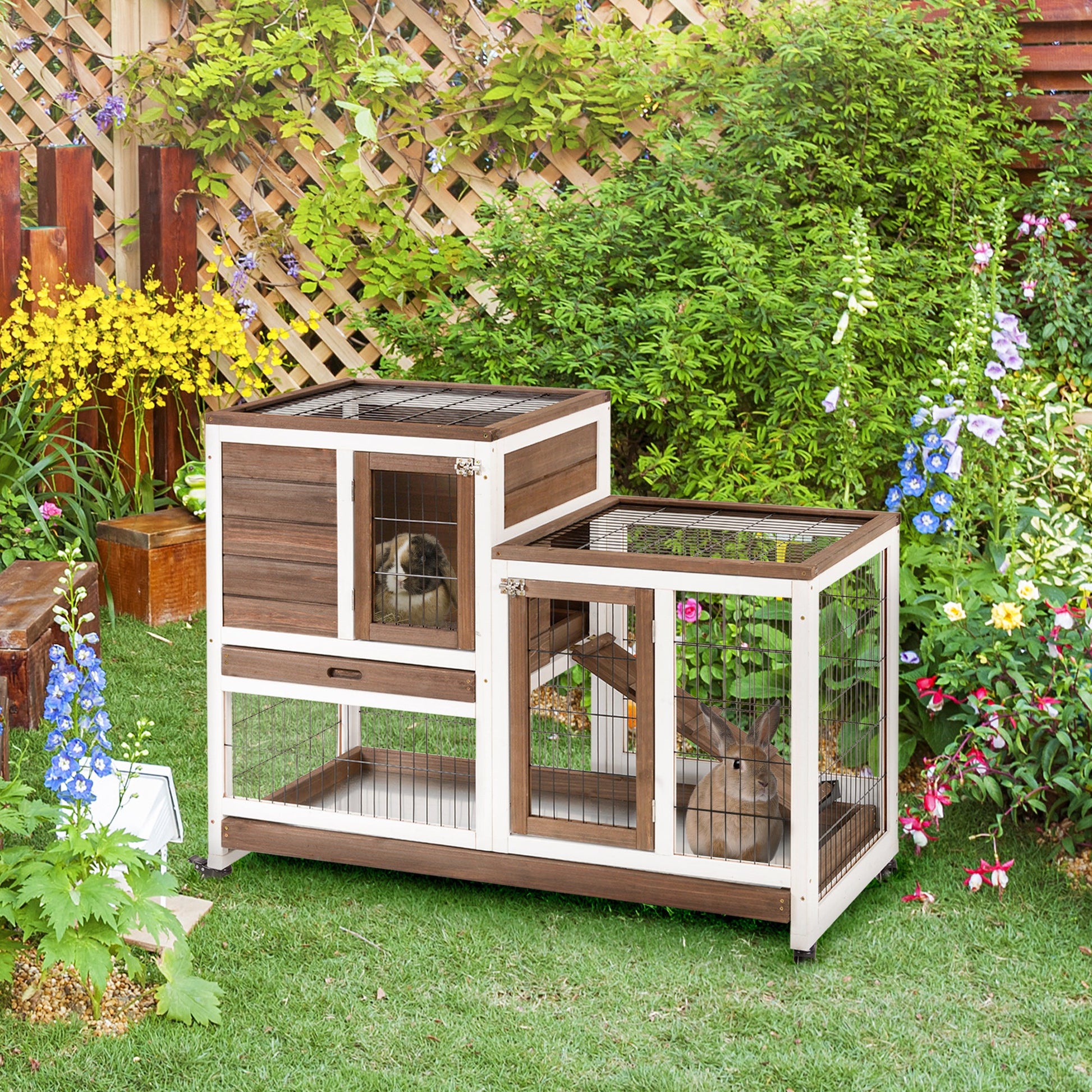 KFX-2909501 Elevated Wooden Rabbit Hutch with Enclosed Run, Wheels, and Removable Tray for Small Animals - Brown
