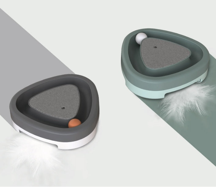 KFX-2911805 Electric Cat Toy Triangle Turntable with Feather Scratcher and Sound, ABS Material, Gray and Green