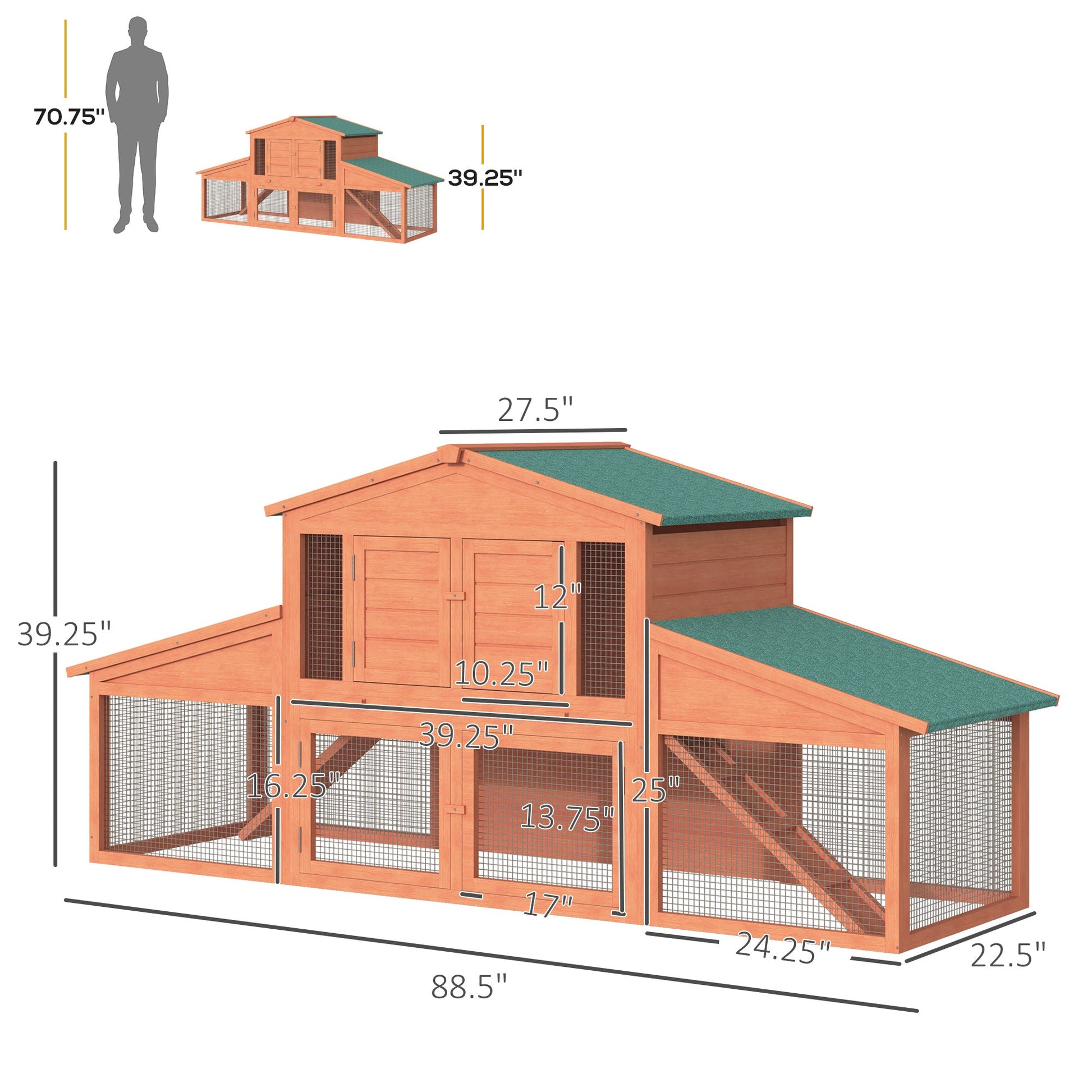 KFX-2915261 Double-Tiered Outdoor Rabbit Hutch and Guinea Pig Cage with Weatherproof Roof and Removable Tray, 89" Length
