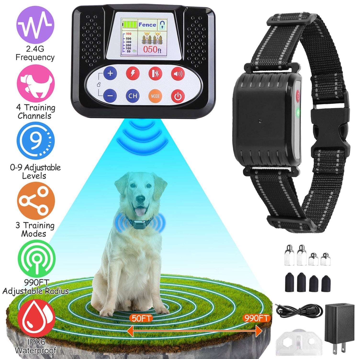 KFX-2917053 990FT Range Dog Training Collar with Waterproof Receiver, 3 Training Modes and Rechargeable Battery