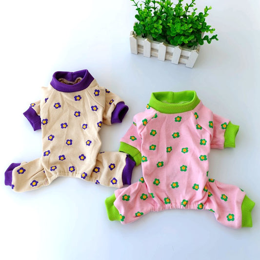 KFX-2917949 Colorful Chrysanthemum Cotton Pajamas for Pets, Casual Four-Legged Fashion in Pink and Khaki