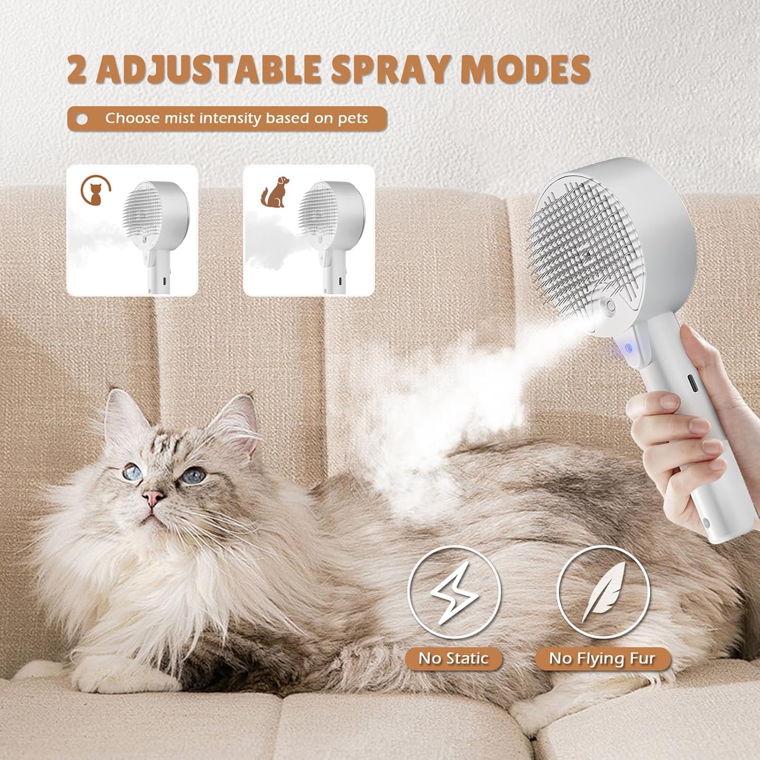 KFX-2918845 4-in-1 Pet Grooming Steam Brush for Cats and Dogs, Self-Cleaning with Adjustable Spray, Gentle Massage and Fur Control