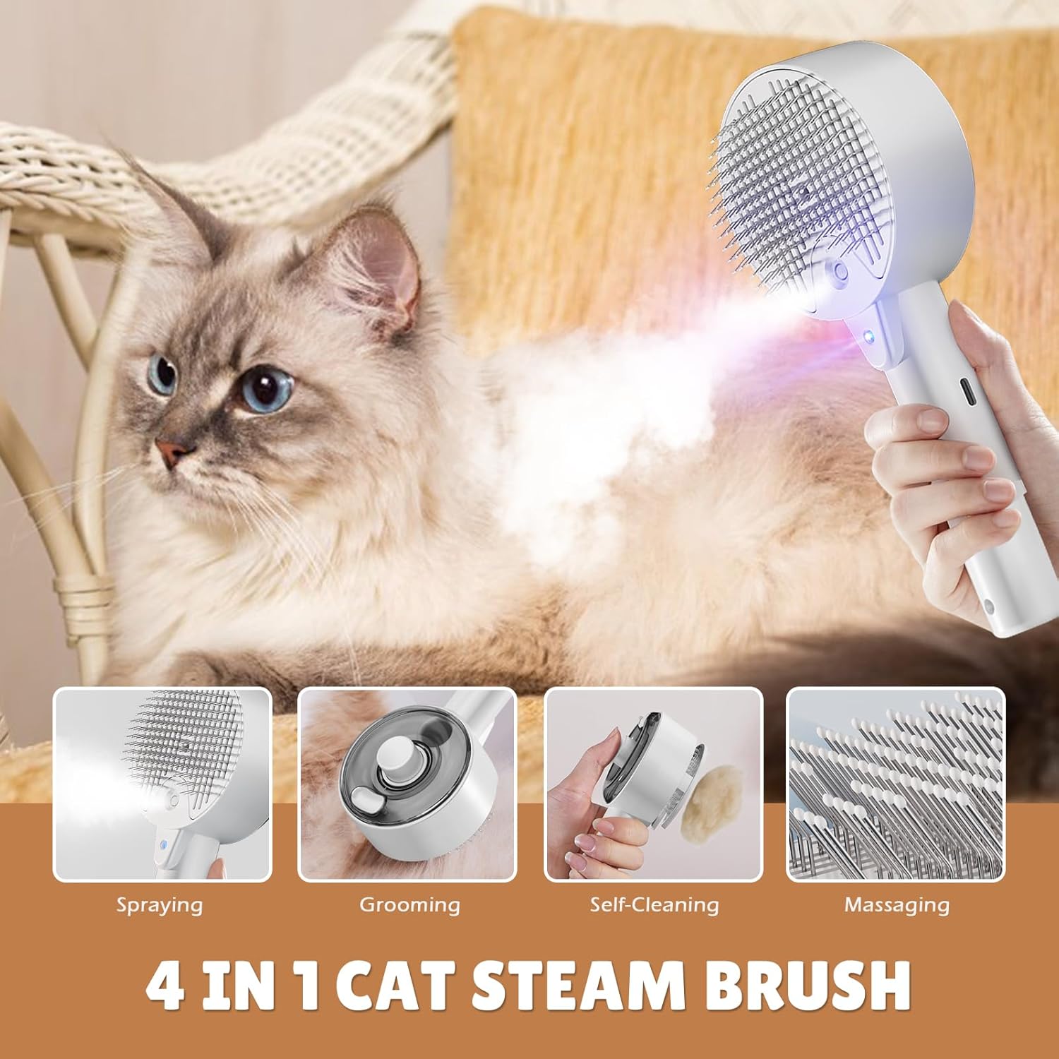 KFX-2918845 4-in-1 Pet Grooming Steam Brush for Cats and Dogs, Self-Cleaning with Adjustable Spray, Gentle Massage and Fur Control
