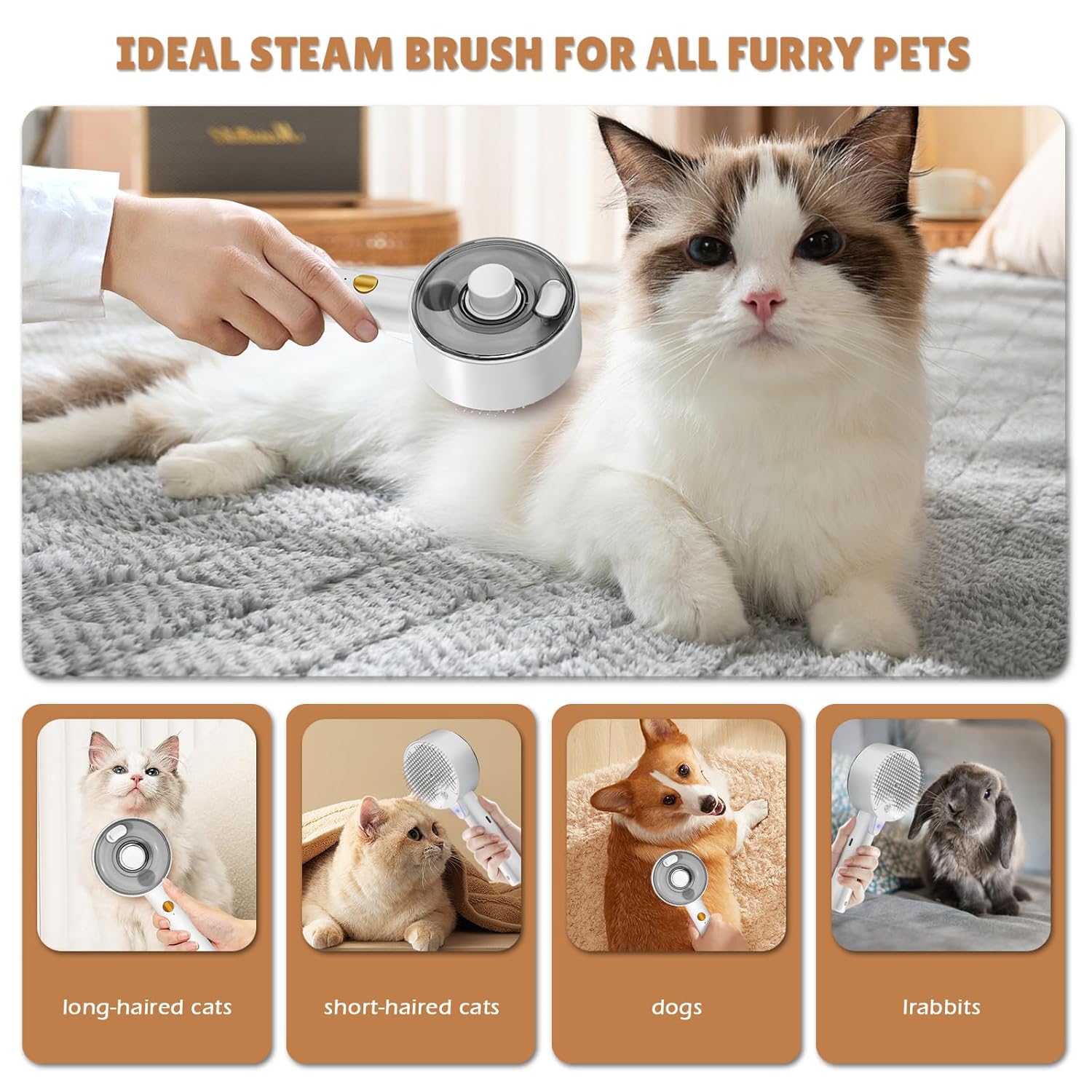 KFX-2918845 4-in-1 Pet Grooming Steam Brush for Cats and Dogs, Self-Cleaning with Adjustable Spray, Gentle Massage and Fur Control