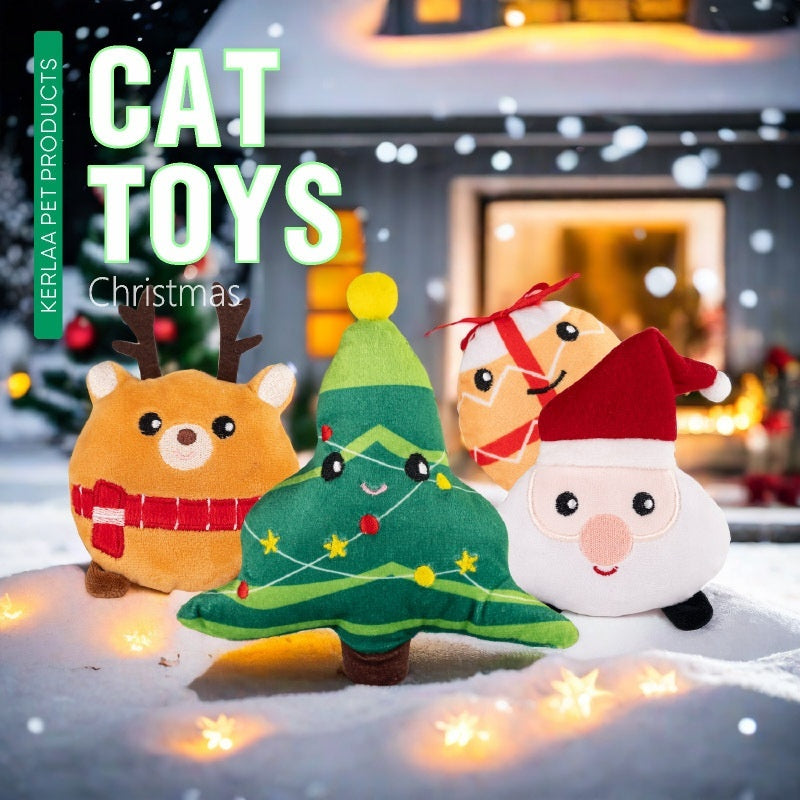 KFX-2919997 Christmas Cat Plush Toys with Catnip - Smiley Egg, Christmas Elk, Santa Claus & Christmas Tree Designs