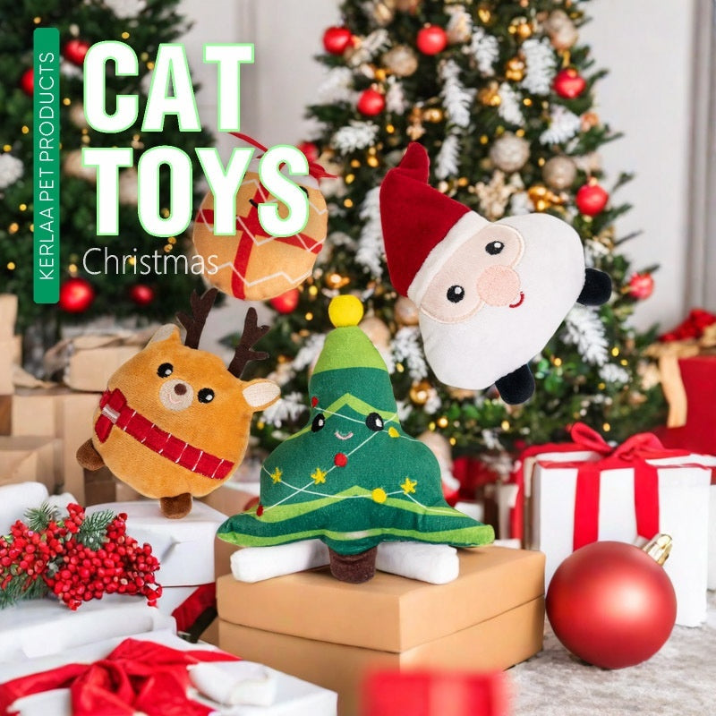 KFX-2919997 Christmas Cat Plush Toys with Catnip - Smiley Egg, Christmas Elk, Santa Claus & Christmas Tree Designs