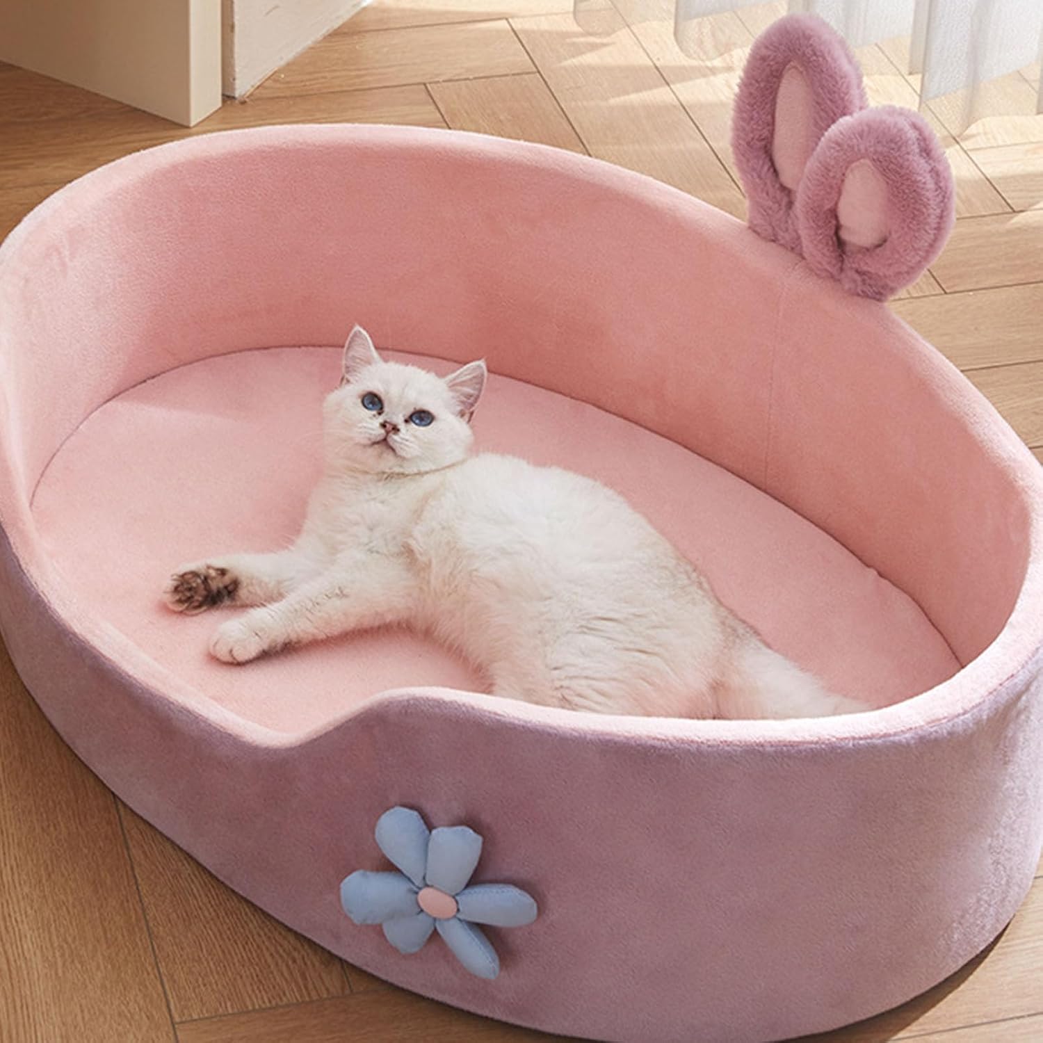KFX-2924605 Cute Pink Detachable Dog Bed with Rabbit Ears - Soft, Washable, and Cozy for Small to Medium Pets
