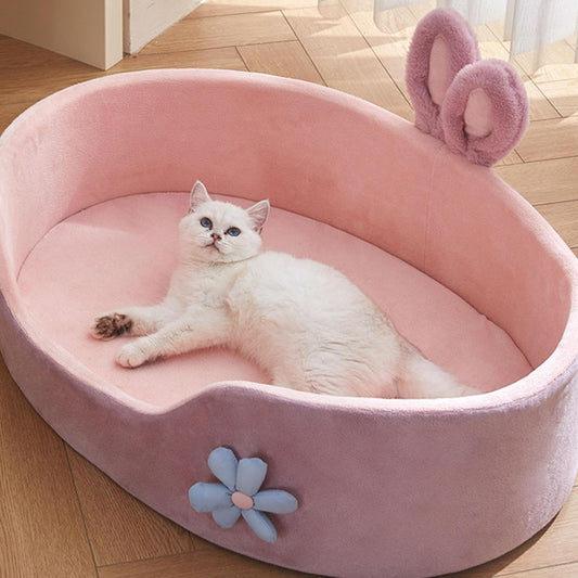 KFX-2924605 Cute Pink Detachable Dog Bed with Rabbit Ears - Soft, Washable, and Cozy for Small to Medium Pets