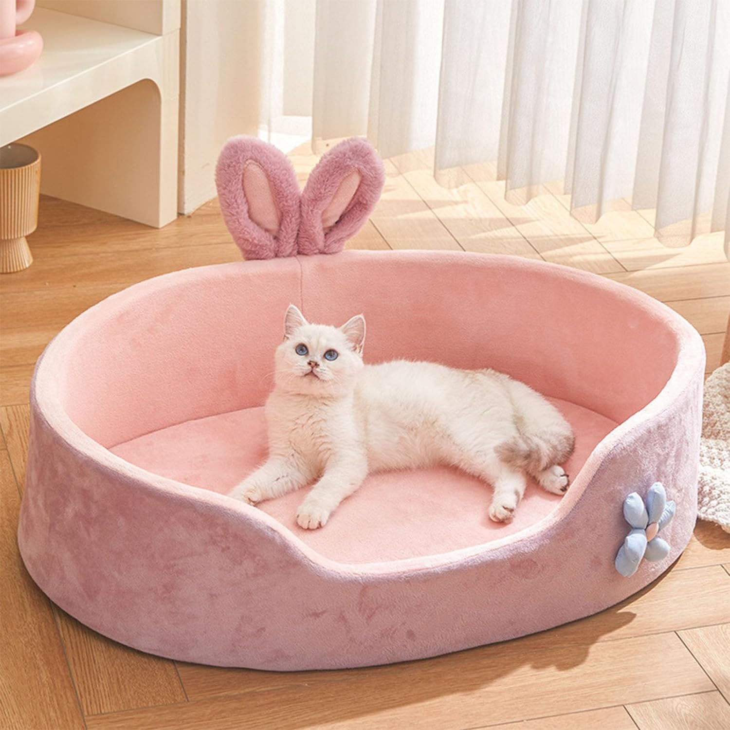KFX-2924605 Cute Pink Detachable Dog Bed with Rabbit Ears - Soft, Washable, and Cozy for Small to Medium Pets