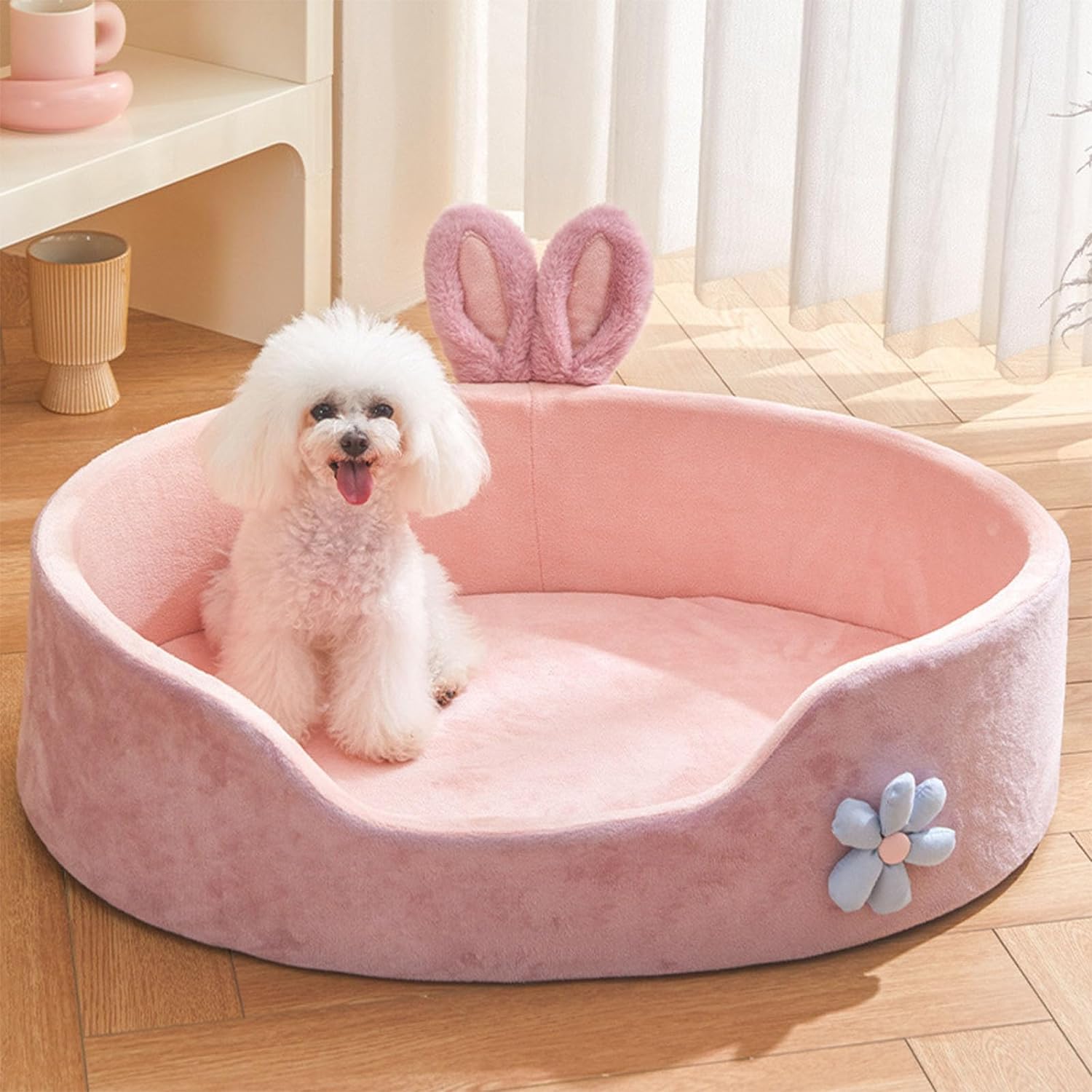 KFX-2924605 Cute Pink Detachable Dog Bed with Rabbit Ears - Soft, Washable, and Cozy for Small to Medium Pets