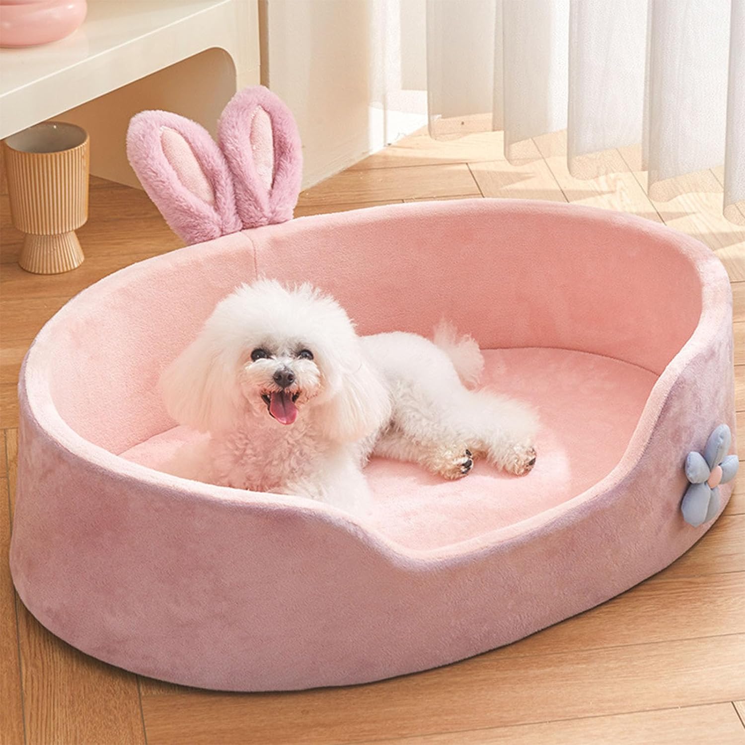 KFX-2924605 Cute Pink Detachable Dog Bed with Rabbit Ears - Soft, Washable, and Cozy for Small to Medium Pets