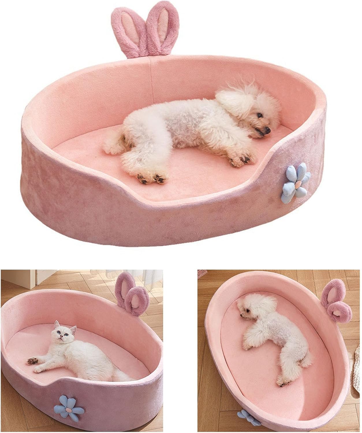 KFX-2924605 Cute Pink Detachable Dog Bed with Rabbit Ears - Soft, Washable, and Cozy for Small to Medium Pets