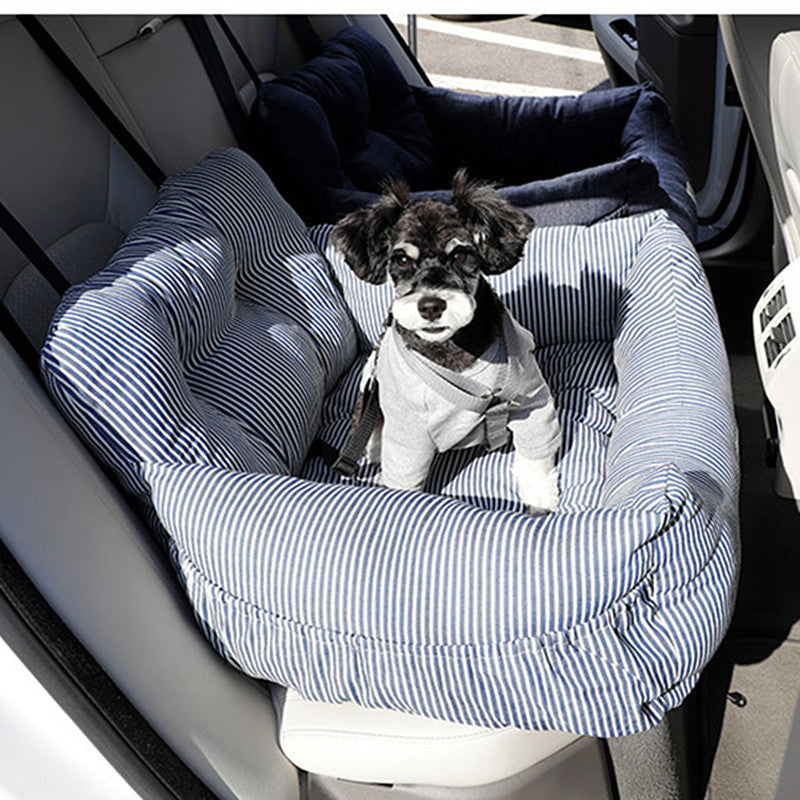 KFX-2929341 Canvas Pet Car Seat Cushion - Comfortable Striped Nest for Dogs and Cats (Medium/Large Sizes)