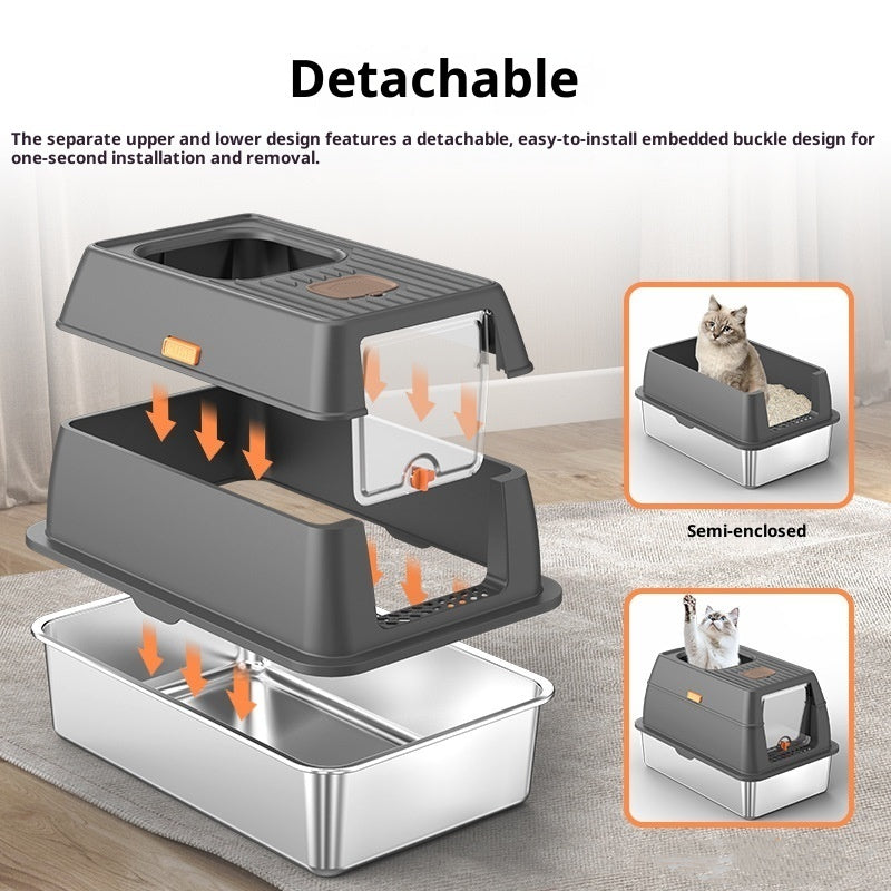 KFX-2936509 Large Anti-Odor Fully Enclosed Stainless Steel Litter Box in Light Gray, Dark Gray, and Black