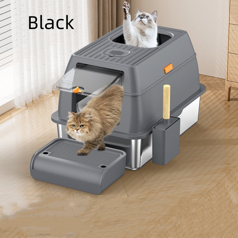 KFX-2936509 Large Anti-Odor Fully Enclosed Stainless Steel Litter Box in Light Gray, Dark Gray, and Black