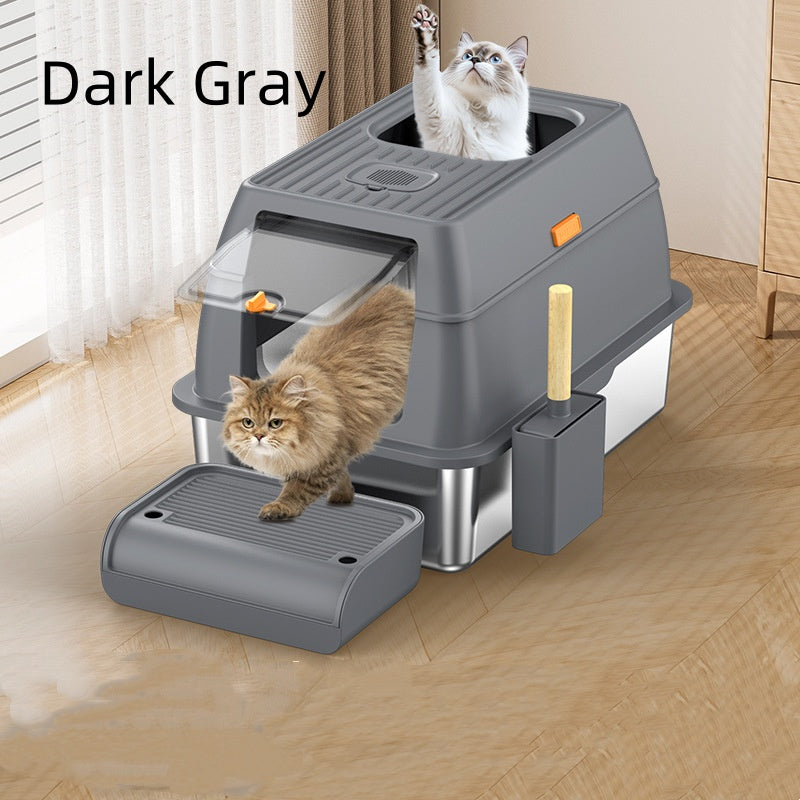 KFX-2936509 Large Anti-Odor Fully Enclosed Stainless Steel Litter Box in Light Gray, Dark Gray, and Black
