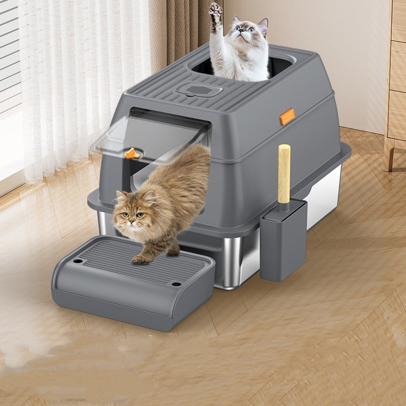 KFX-2936509 Large Anti-Odor Fully Enclosed Stainless Steel Litter Box in Light Gray, Dark Gray, and Black