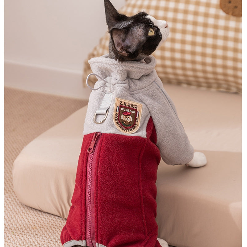 KFX-2937405 Warm and Fluffy Cat and Dog Fleece Jacket – Soft Fabric, Color Block Design, Full Zipper, Four-Legged Fit for Autumn and Winter Wear