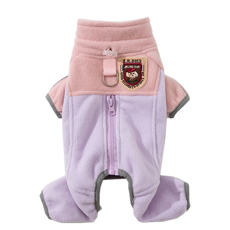 KFX-2937405 Warm and Fluffy Cat and Dog Fleece Jacket – Soft Fabric, Color Block Design, Full Zipper, Four-Legged Fit for Autumn and Winter Wear
