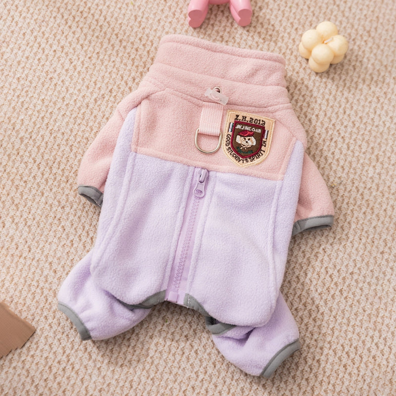 KFX-2937405 Warm and Fluffy Cat and Dog Fleece Jacket – Soft Fabric, Color Block Design, Full Zipper, Four-Legged Fit for Autumn and Winter Wear