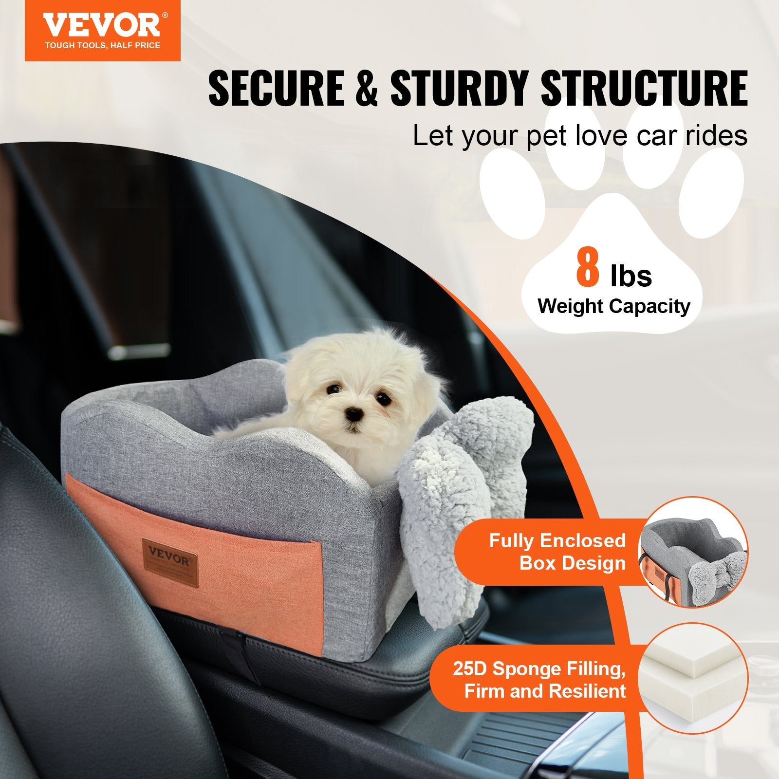 KFX-2937661 Center Console Dog Booster Seat for Small Dogs up to 8 lbs - Waterproof with Safety Strap and Plush Pad
