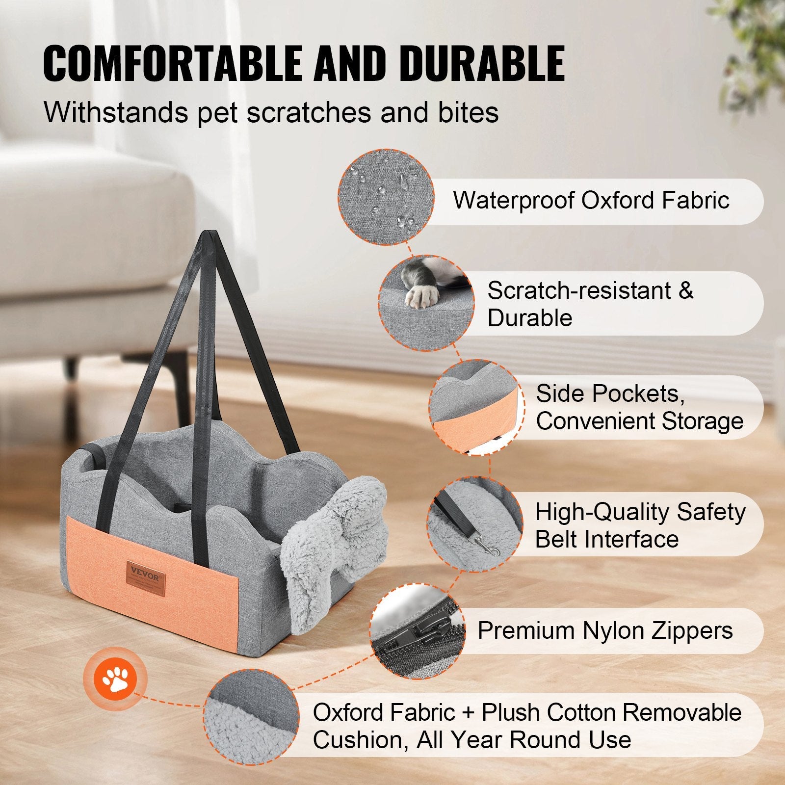 KFX-2937661 Center Console Dog Booster Seat for Small Dogs up to 8 lbs - Waterproof with Safety Strap and Plush Pad