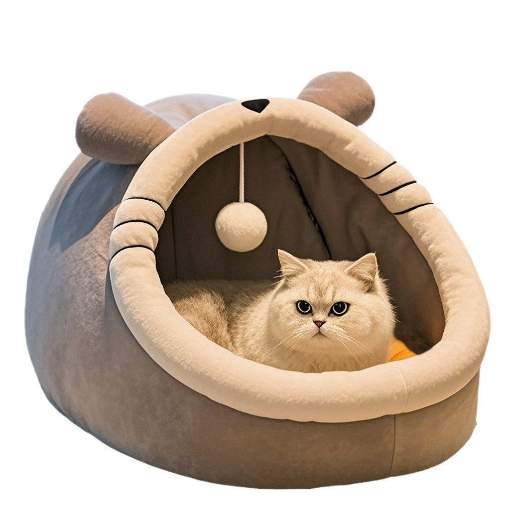 KFX-2938685 Four Seasons Universal Thickened Semi-closed Pet Bed in Light Gray, Gray UK Shorthair, Green Dinosaur, Pink Rabbit, and Gray Cat - Multiple Sizes Available