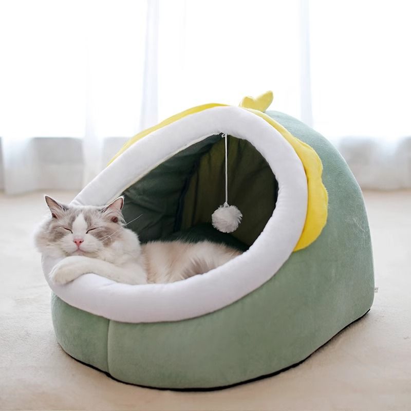 KFX-2938685 Four Seasons Universal Thickened Semi-closed Pet Bed in Light Gray, Gray UK Shorthair, Green Dinosaur, Pink Rabbit, and Gray Cat - Multiple Sizes Available