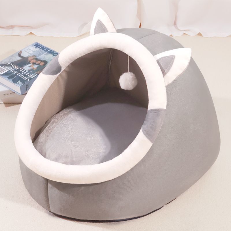 KFX-2938685 Four Seasons Universal Thickened Semi-closed Pet Bed in Light Gray, Gray UK Shorthair, Green Dinosaur, Pink Rabbit, and Gray Cat - Multiple Sizes Available