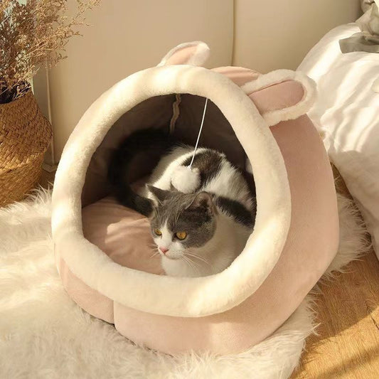 KFX-2938685 Four Seasons Universal Thickened Semi-closed Pet Bed in Light Gray, Gray UK Shorthair, Green Dinosaur, Pink Rabbit, and Gray Cat - Multiple Sizes Available