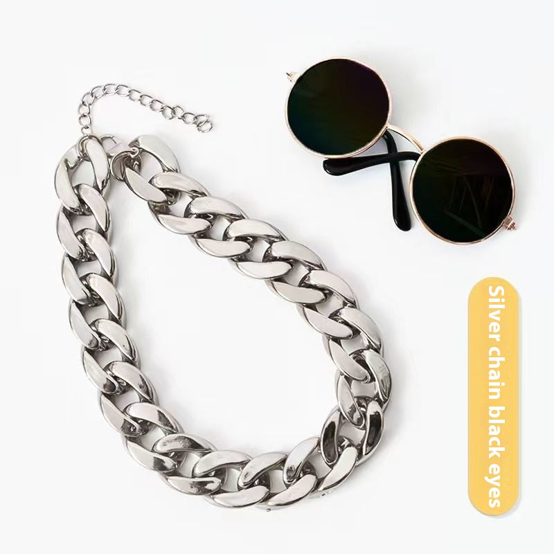 KFX-2940605 Cat Collar with Golden Chain Ornament and Glasses Accessory