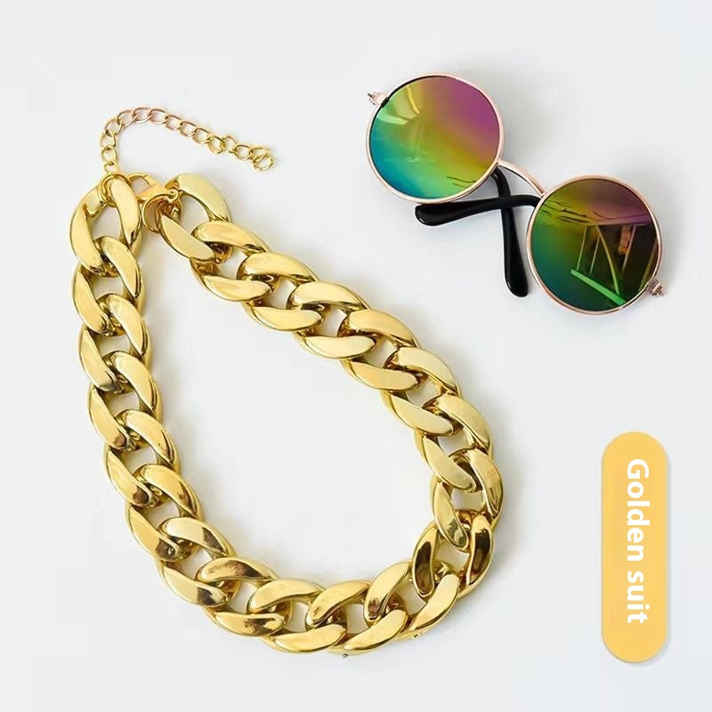 KFX-2940605 Cat Collar with Golden Chain Ornament and Glasses Accessory
