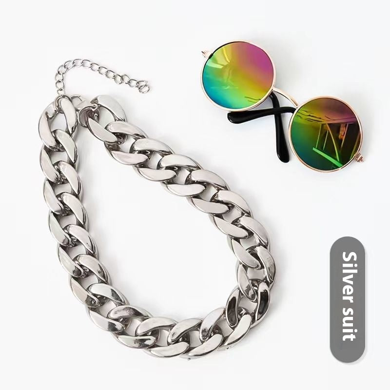 KFX-2940605 Cat Collar with Golden Chain Ornament and Glasses Accessory