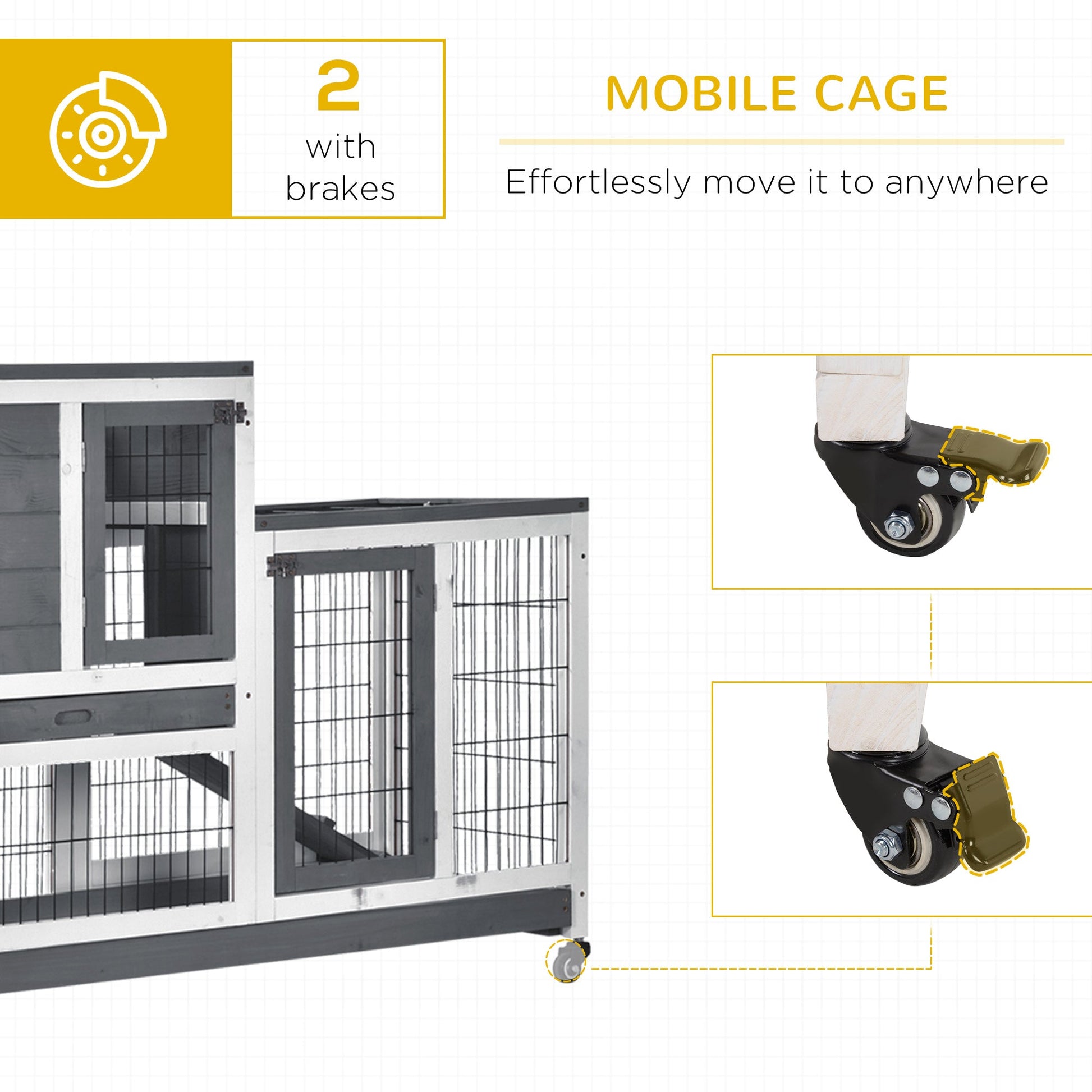 KFX-2942269 Elevated Wooden Rabbit Hutch with Enclosed Run, Removable Tray, and Wheels for Small Animals, Gray
