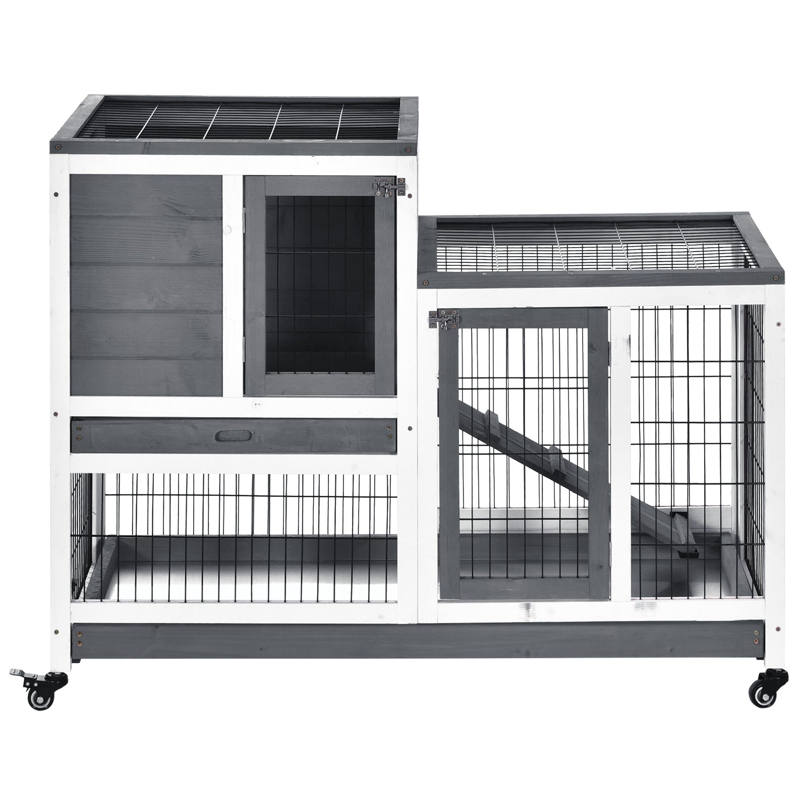 KFX-2942269 Elevated Wooden Rabbit Hutch with Enclosed Run, Removable Tray, and Wheels for Small Animals, Gray