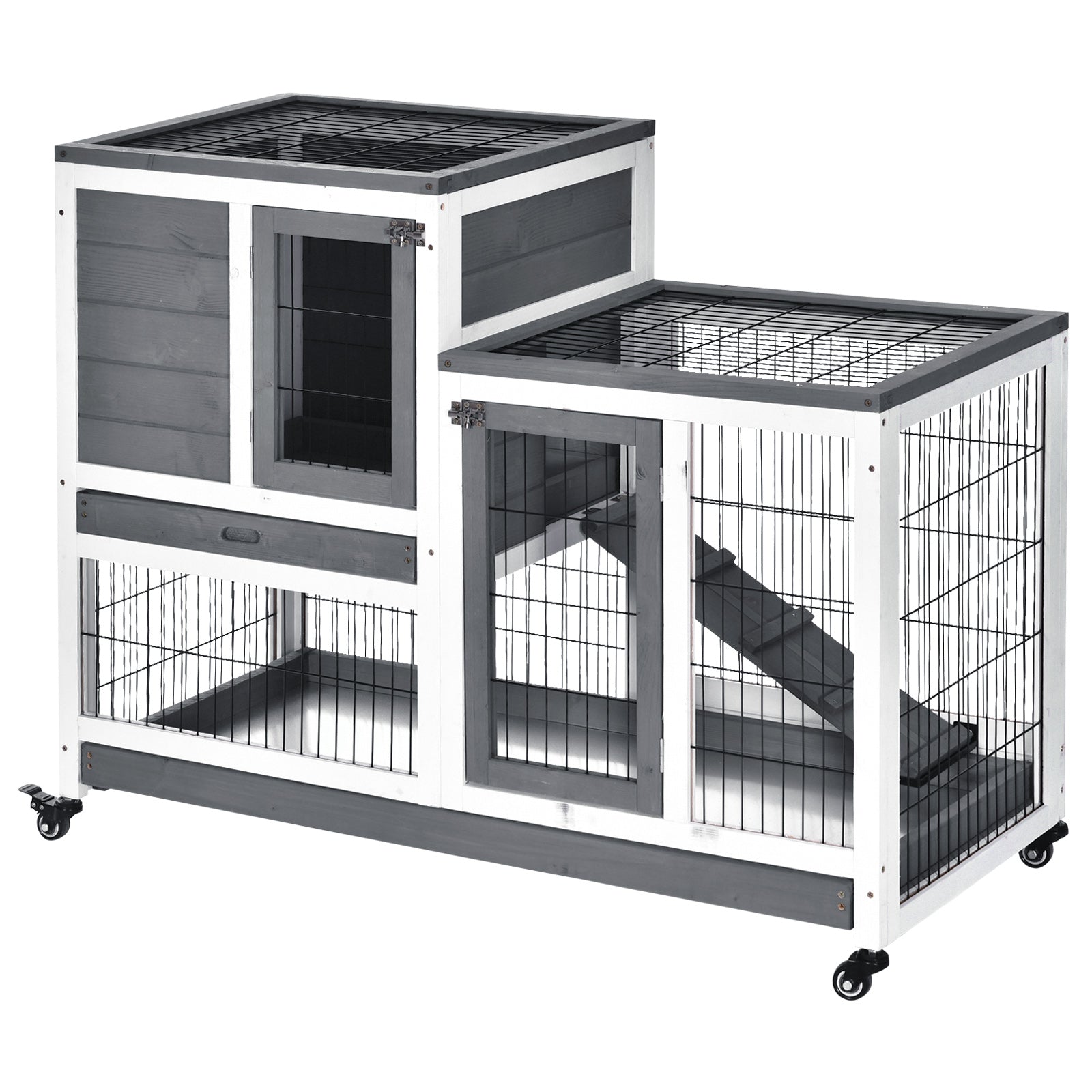 KFX-2942269 Elevated Wooden Rabbit Hutch with Enclosed Run, Removable Tray, and Wheels for Small Animals, Gray