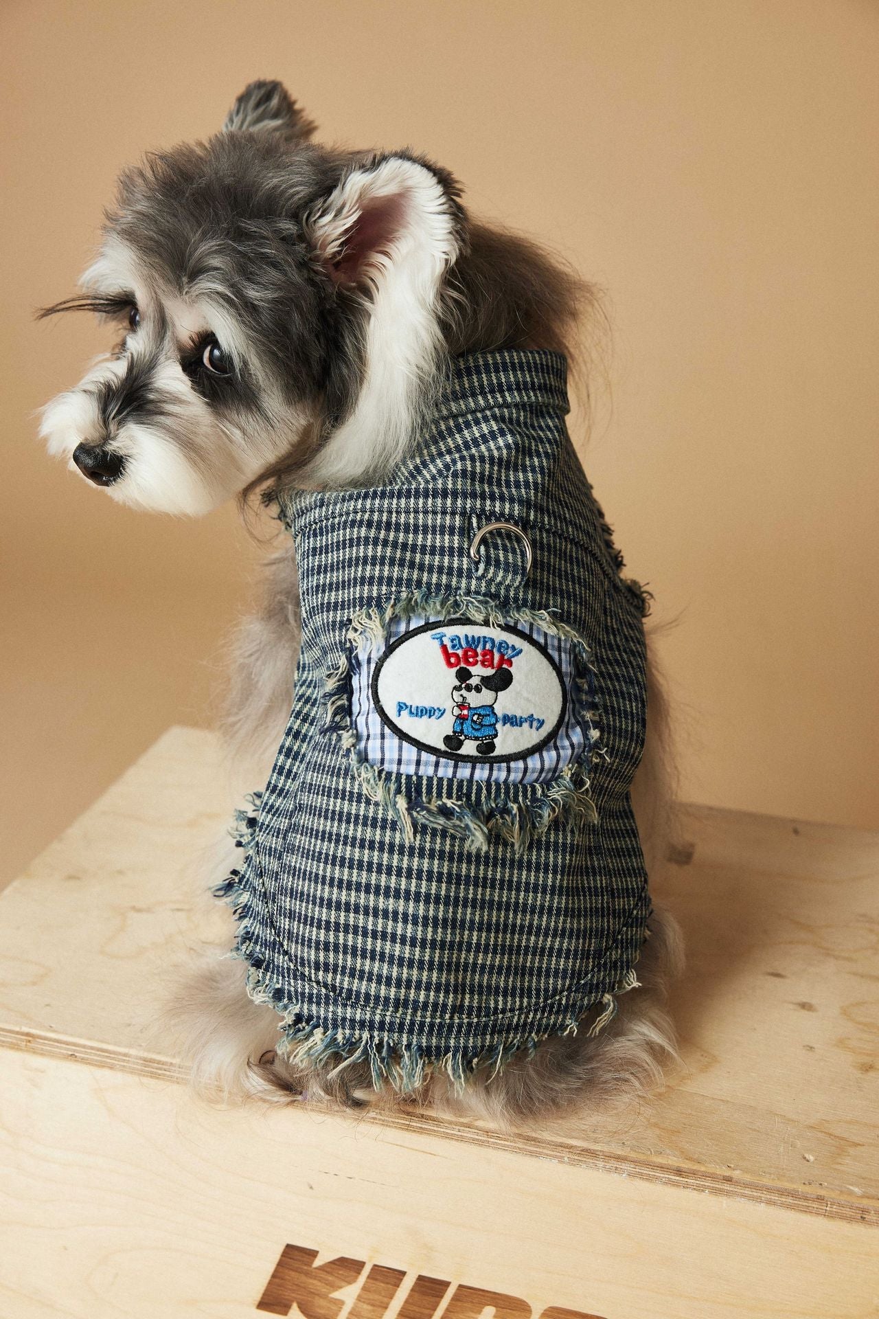KFX-2943165 Washed Blue Plaid Sleeveless Denim Vest for Pets