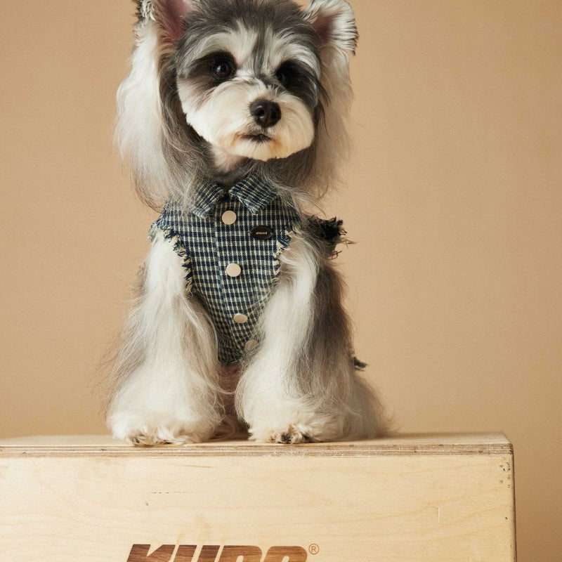 KFX-2943165 Washed Blue Plaid Sleeveless Denim Vest for Pets