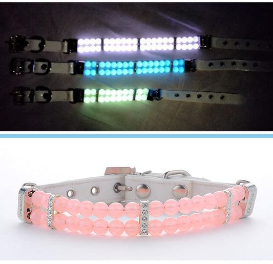 KFX-2948157 Adjustable Dog Collar with Luminous Beads - Pink, Blue, Light Green - Small to Large Sizes