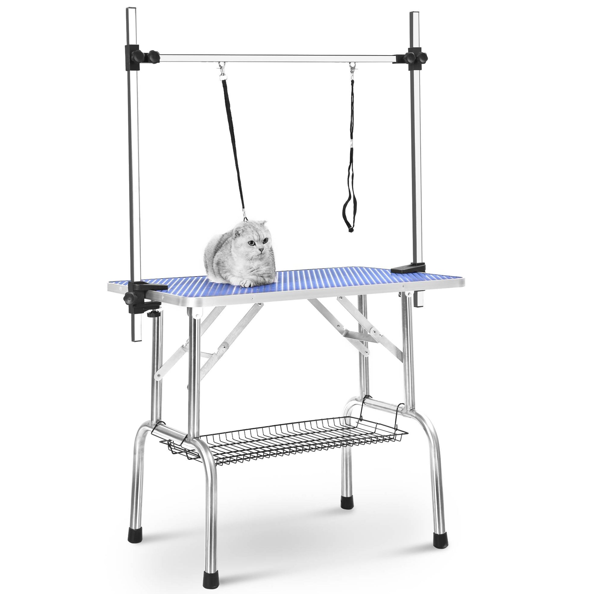 KFX-2951997 Heavy Duty Stainless Steel Folding Pet Grooming Table with Adjustable Arm and Rubber Surface