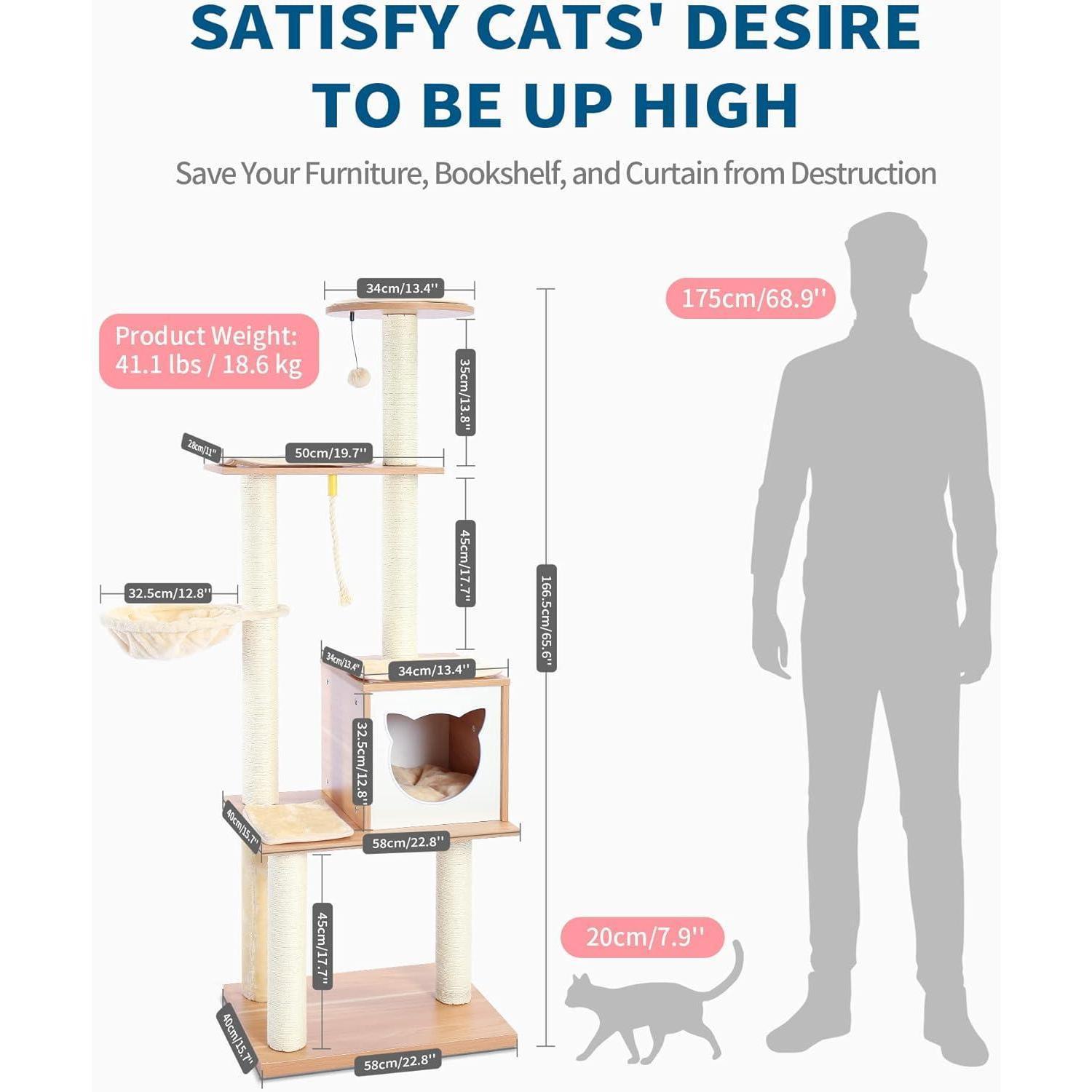 KFX-2955581 Wooden Cat Tree with Hammock, Scratching Post, and Removable Mat for Large and Small Cats