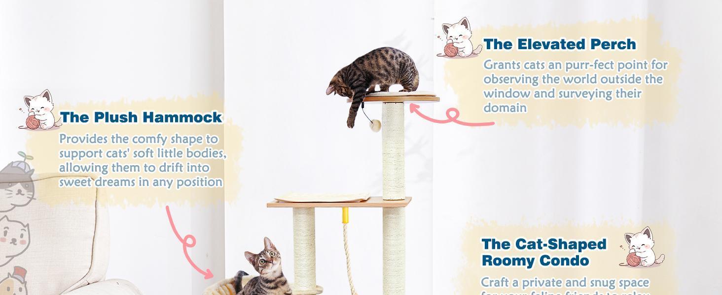 KFX-2955581 Wooden Cat Tree with Hammock, Scratching Post, and Removable Mat for Large and Small Cats