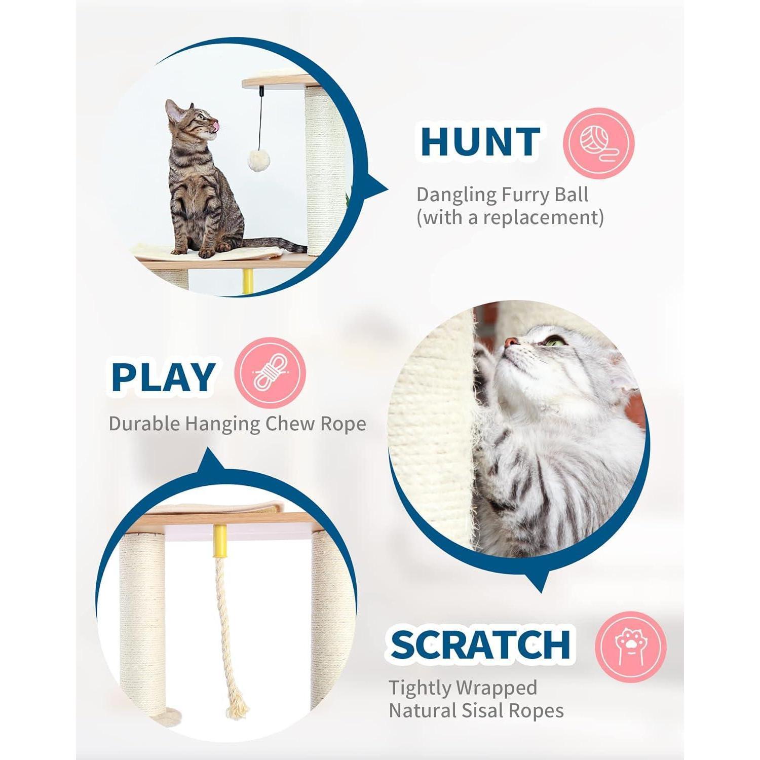 KFX-2955581 Wooden Cat Tree with Hammock, Scratching Post, and Removable Mat for Large and Small Cats