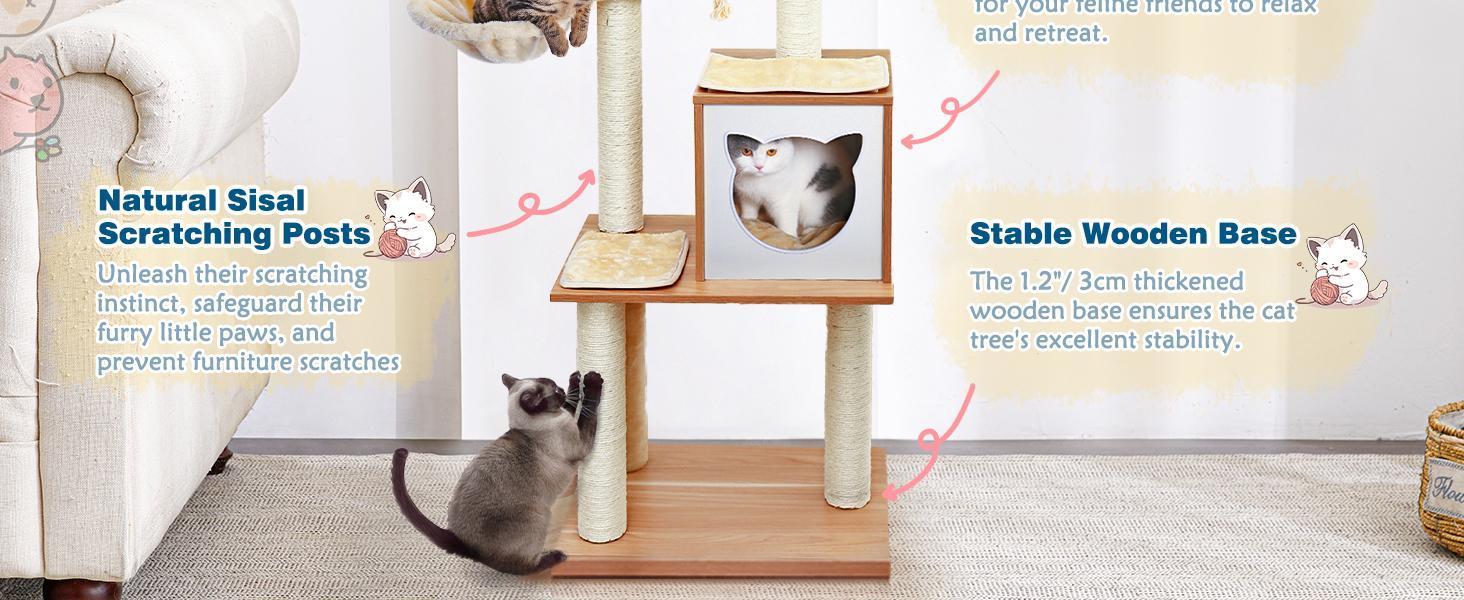 KFX-2955581 Wooden Cat Tree with Hammock, Scratching Post, and Removable Mat for Large and Small Cats