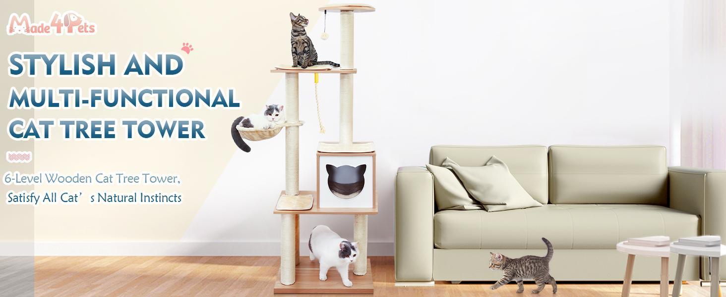 KFX-2955581 Wooden Cat Tree with Hammock, Scratching Post, and Removable Mat for Large and Small Cats