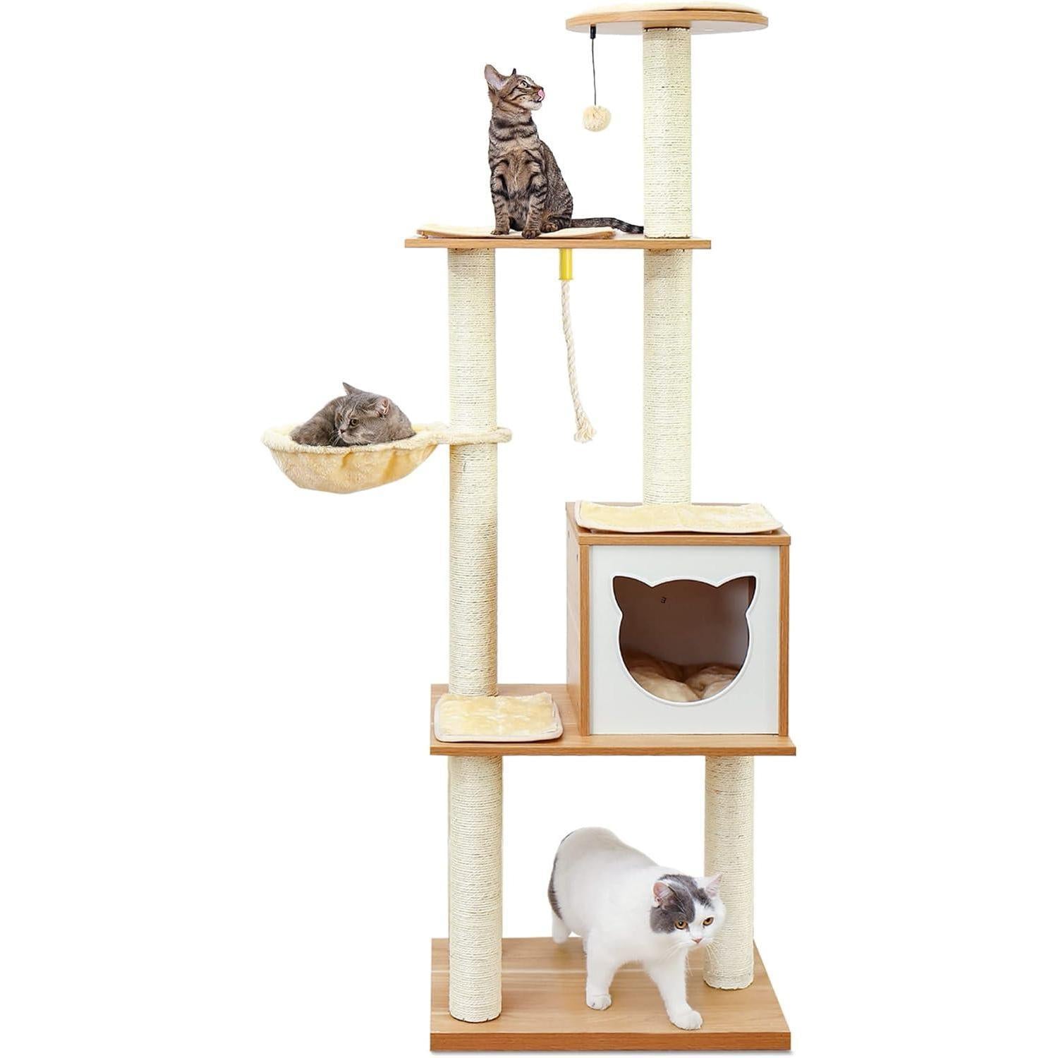 KFX-2955581 Wooden Cat Tree with Hammock, Scratching Post, and Removable Mat for Large and Small Cats