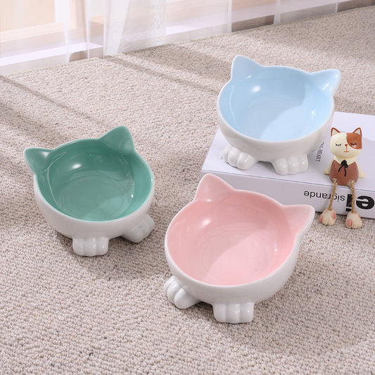 KFX-2956093 Ceramic Anti-Tip Slanted Cat Bowl in Pink, Blue, and Green Options